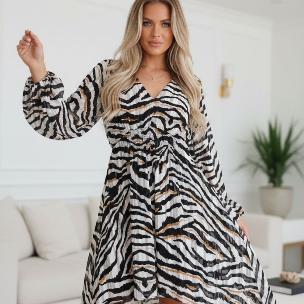 NWOT BISHOP+YOUNG Elegant🦓ANIMAL PRINT Long Sleeve Dress with Button Cuffs SzM